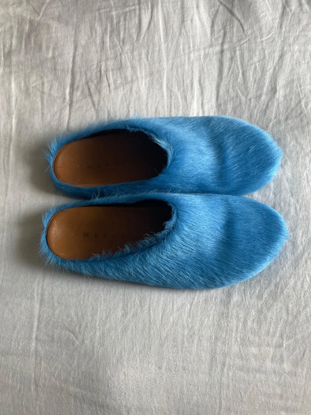 Men's Marni Fussbett Sabot calf-hair leather mules in electric blue size EU 47